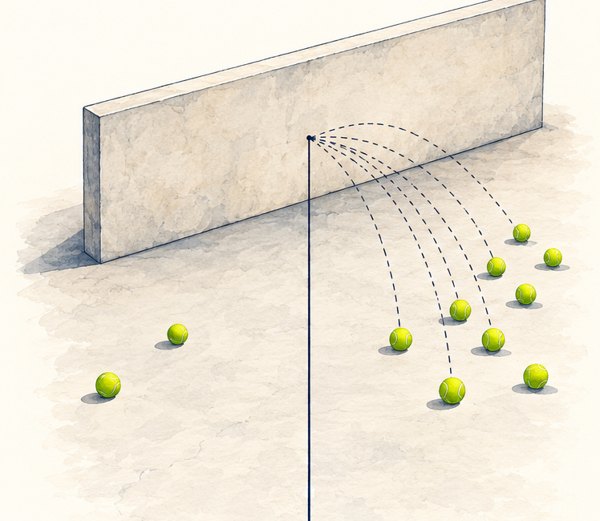 Parede inclinada com as bolas de tênis concentradas de um lado da linha.